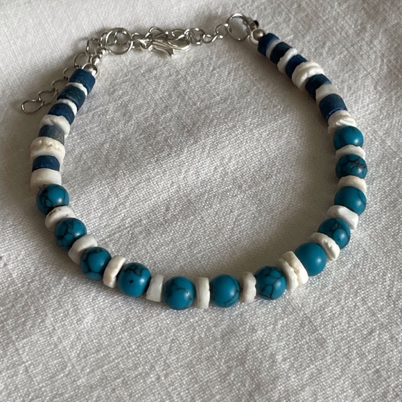 New Blue Turquoise and White Puka Shell Sterling SilverBracelet. - Picture 2 of 7